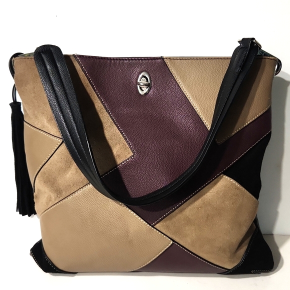 Sondra Roberts Patchwork Large Leather Shoulder Bag Satchel Tote EUC! - Picture 6 of 13